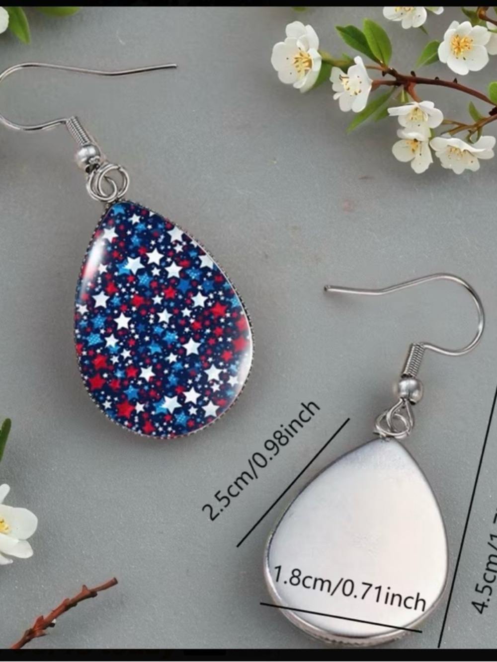 Patriotic Star Teardrop Earrings - Navy Blue & Red - Picture 3 of 3